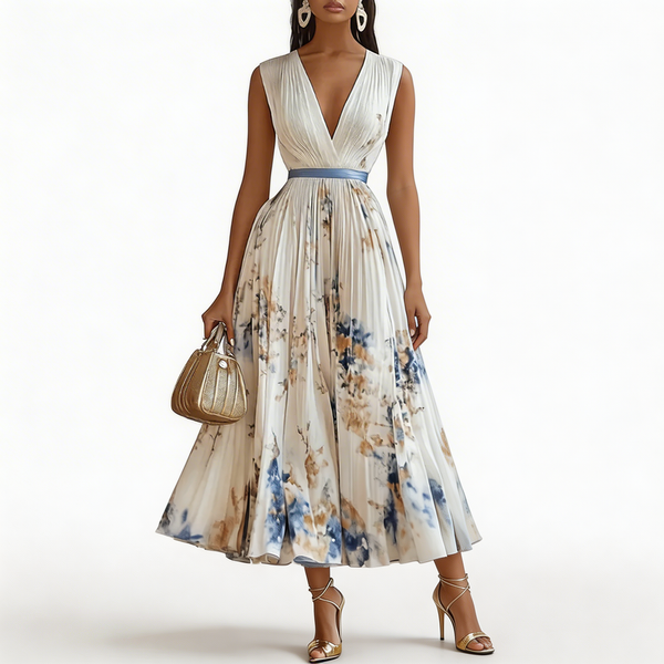 Women’s Floral Pleated Maxi Dress with Ribbon-Tie Waist