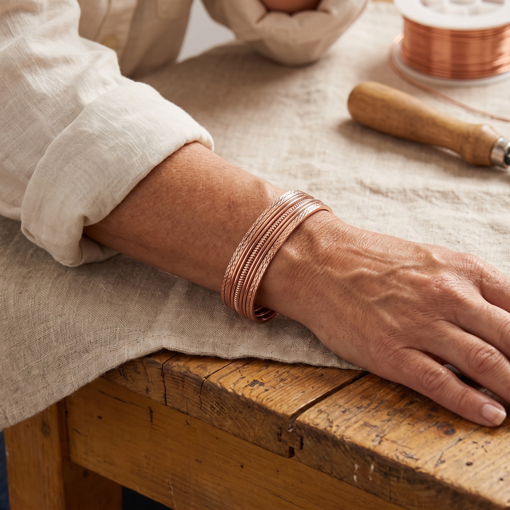 Bracelet | Copper Open Cuff, Faceted Strands 1