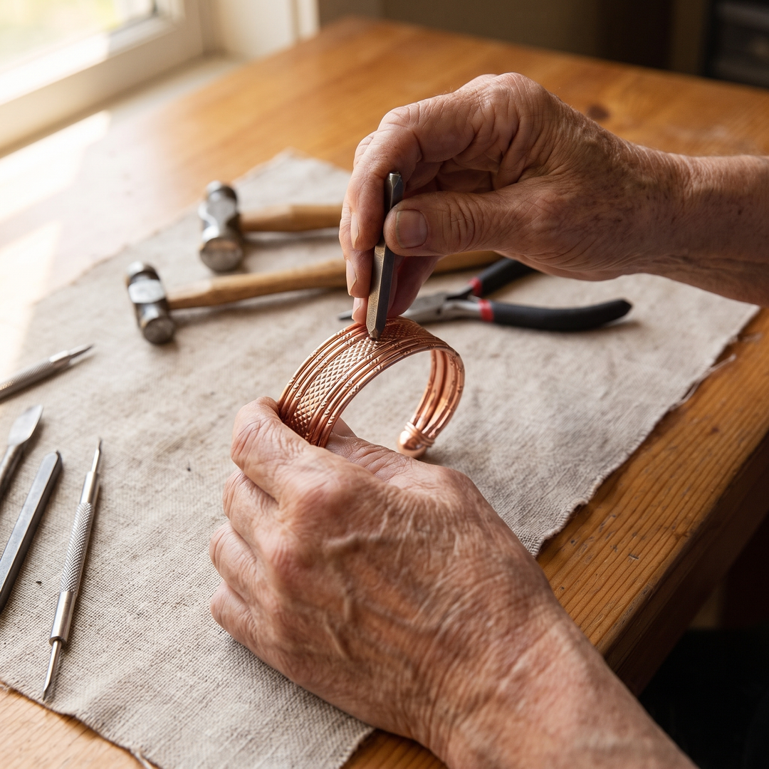 Bracelet | Copper Open Cuff, Faceted Strands 2
