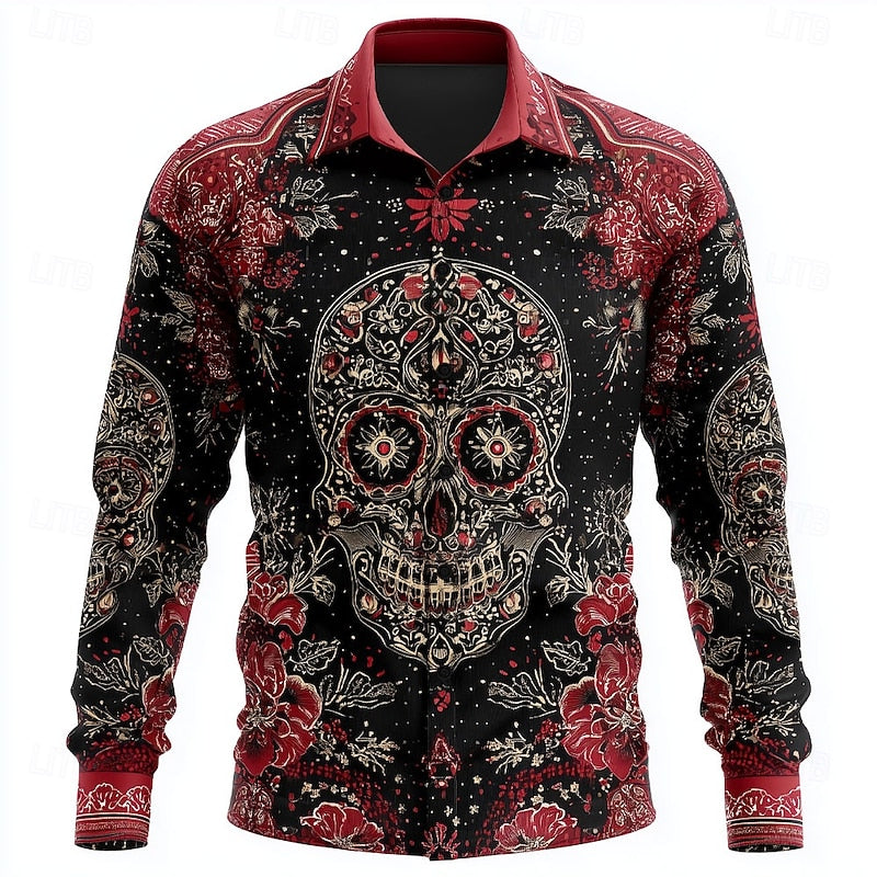 Button-Up Shirt | Skull Print, Floral Pattern 0