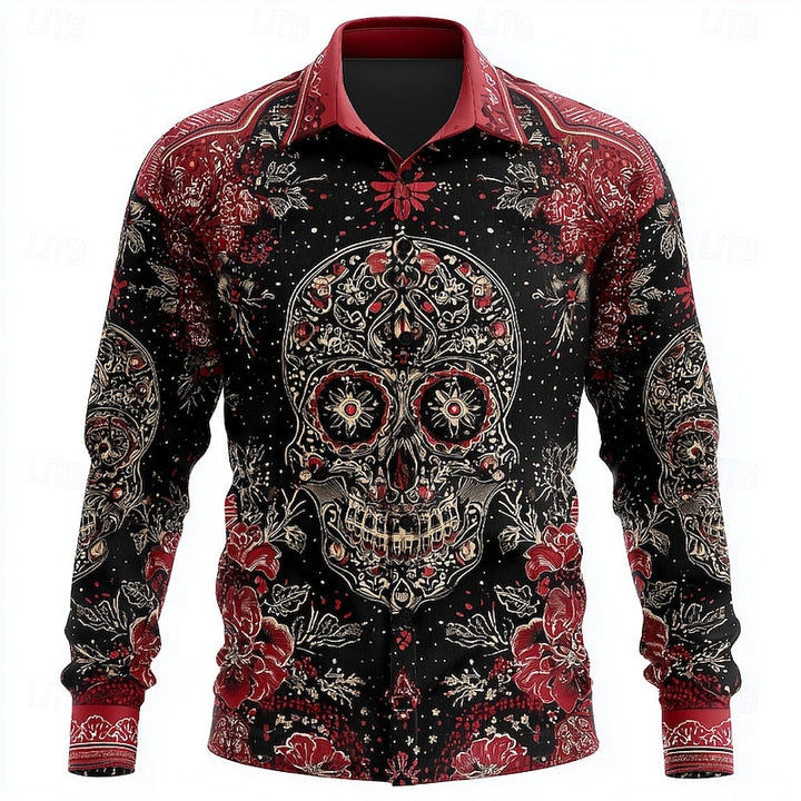 Button-Up Shirt | Skull Print, Floral Pattern 0