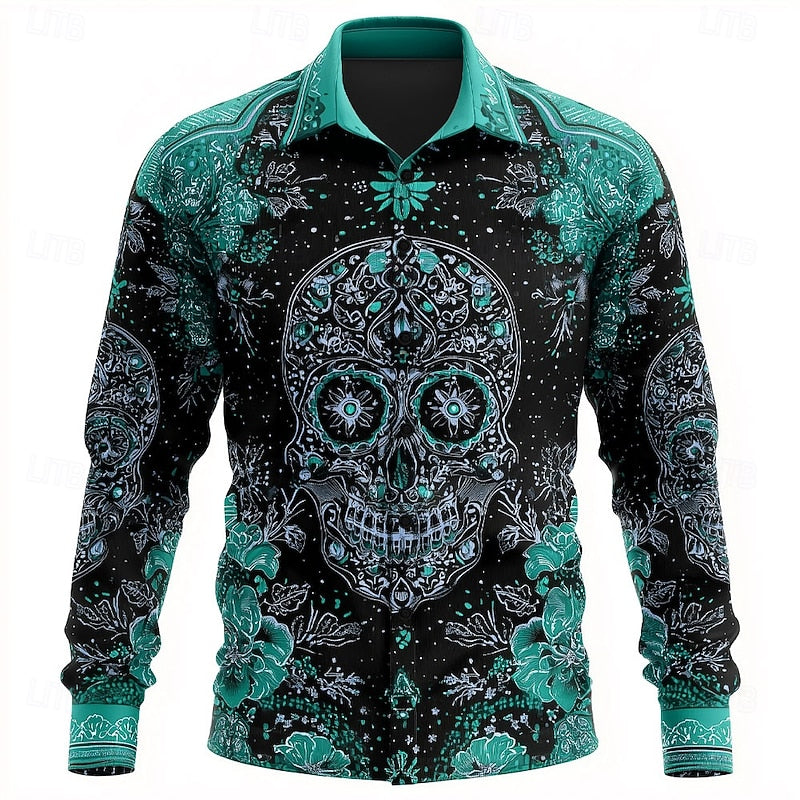 Button-Up Shirt | Skull Print, Floral Pattern 1