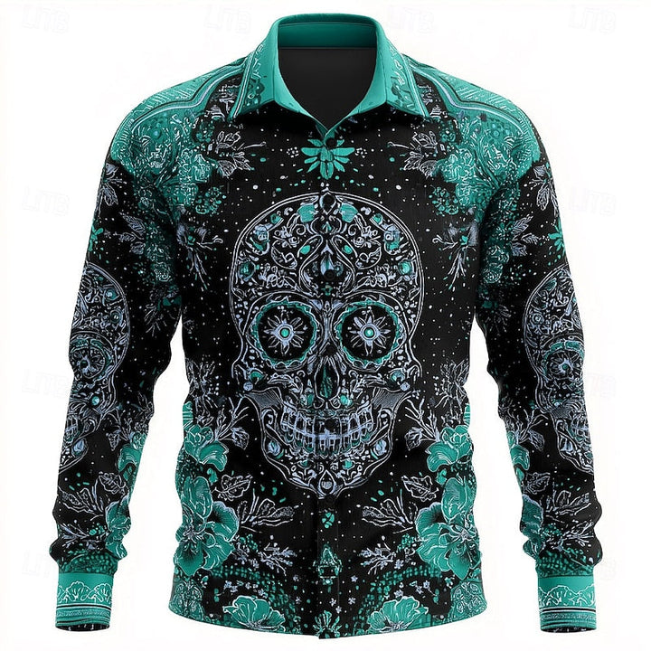 Button-Up Shirt | Skull Print, Floral Pattern 1