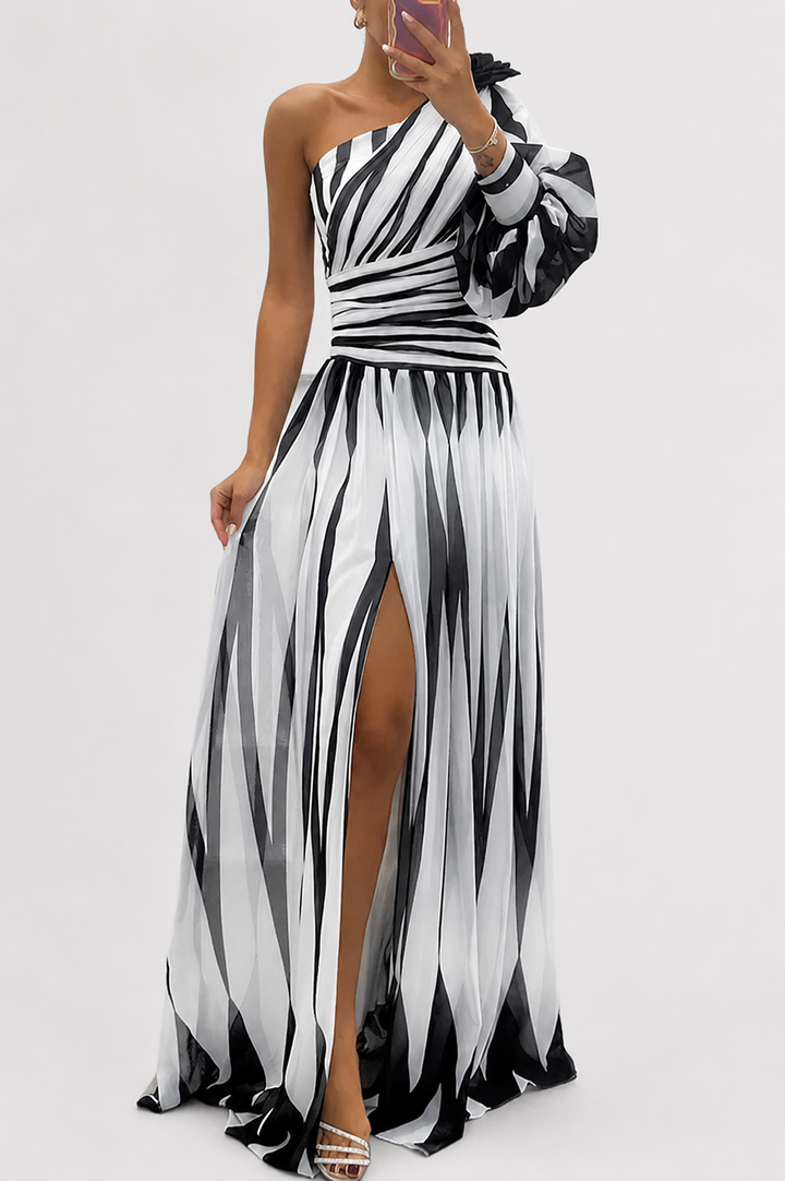 Women’s One-Shoulder Maxi Dress with Striped Pattern