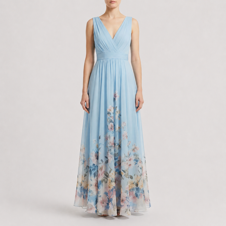 Women’s Sleeveless Maxi Dress with V-Neck and Flowing Floral Skirt