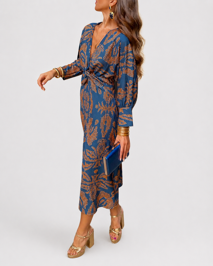 Women’s A-Line Maxi Dress with V-Neck and Waist Knot