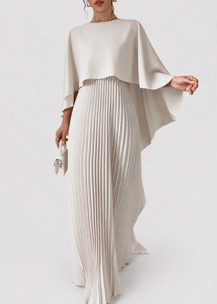 Women’s Maxi Dress with Pleated Skirt and Cape Overlay