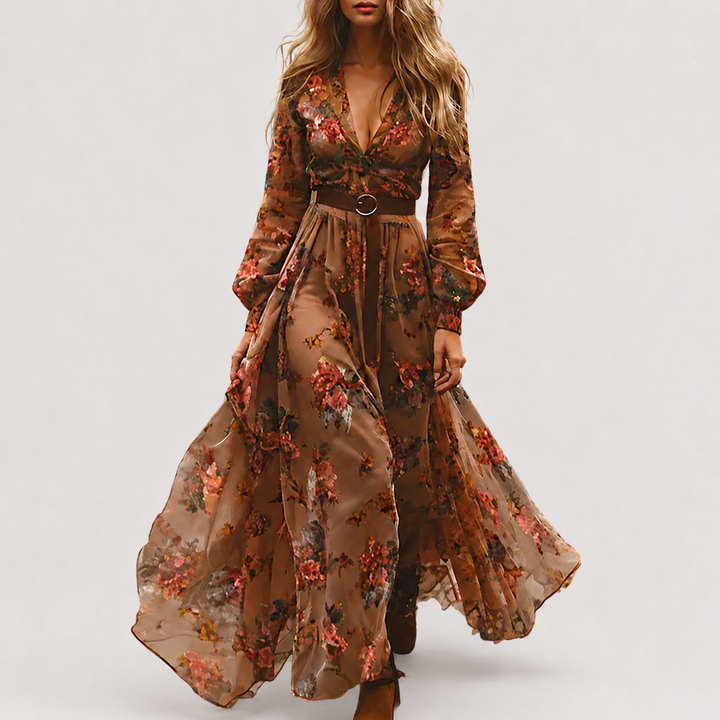 Women’s Floral Maxi Dress with Pleated Design