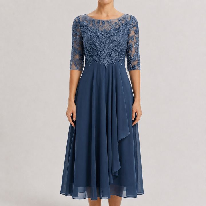 Women’s Lace Midi Dress with Layered Skirt and Fitted Bodice