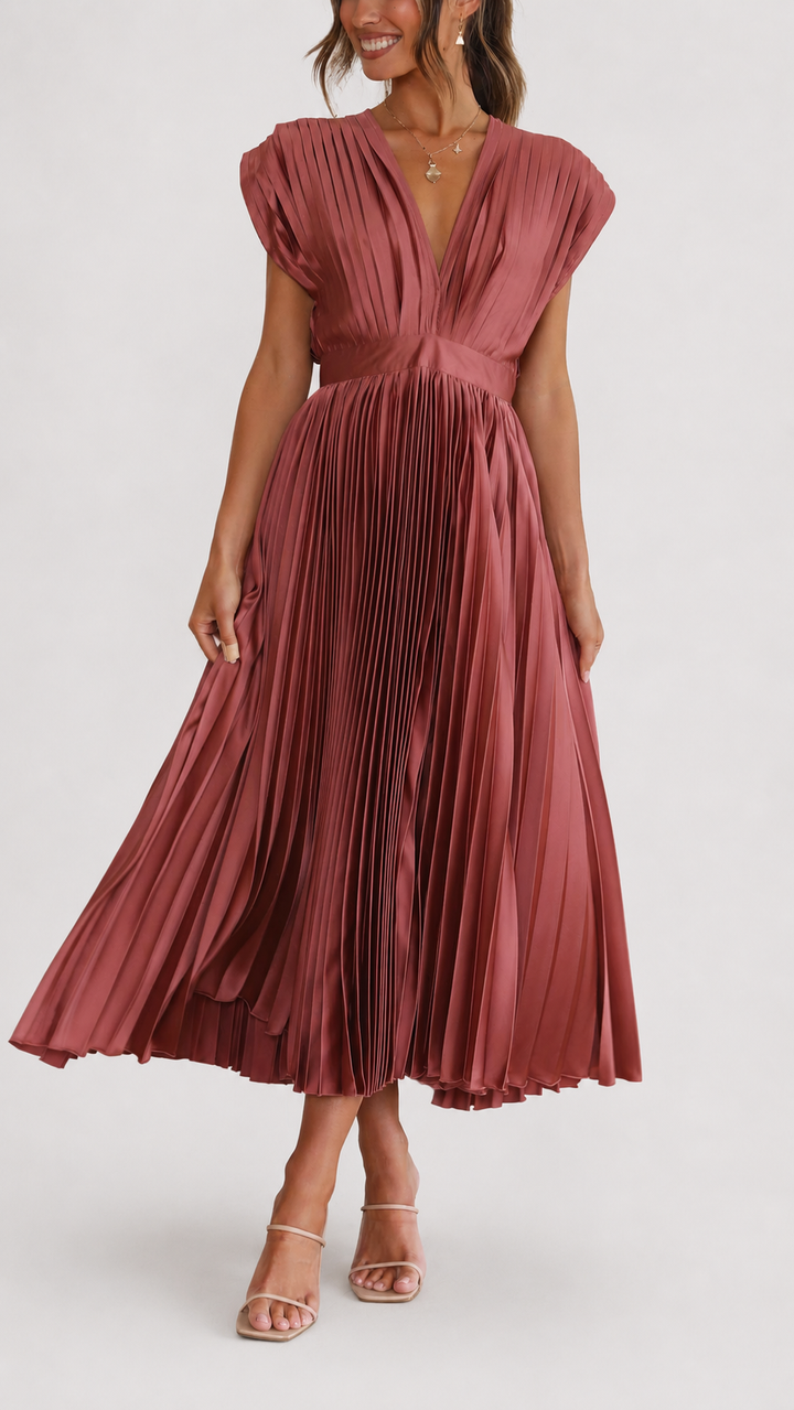 Women’s Pleated Midi Dress with V-Neckline