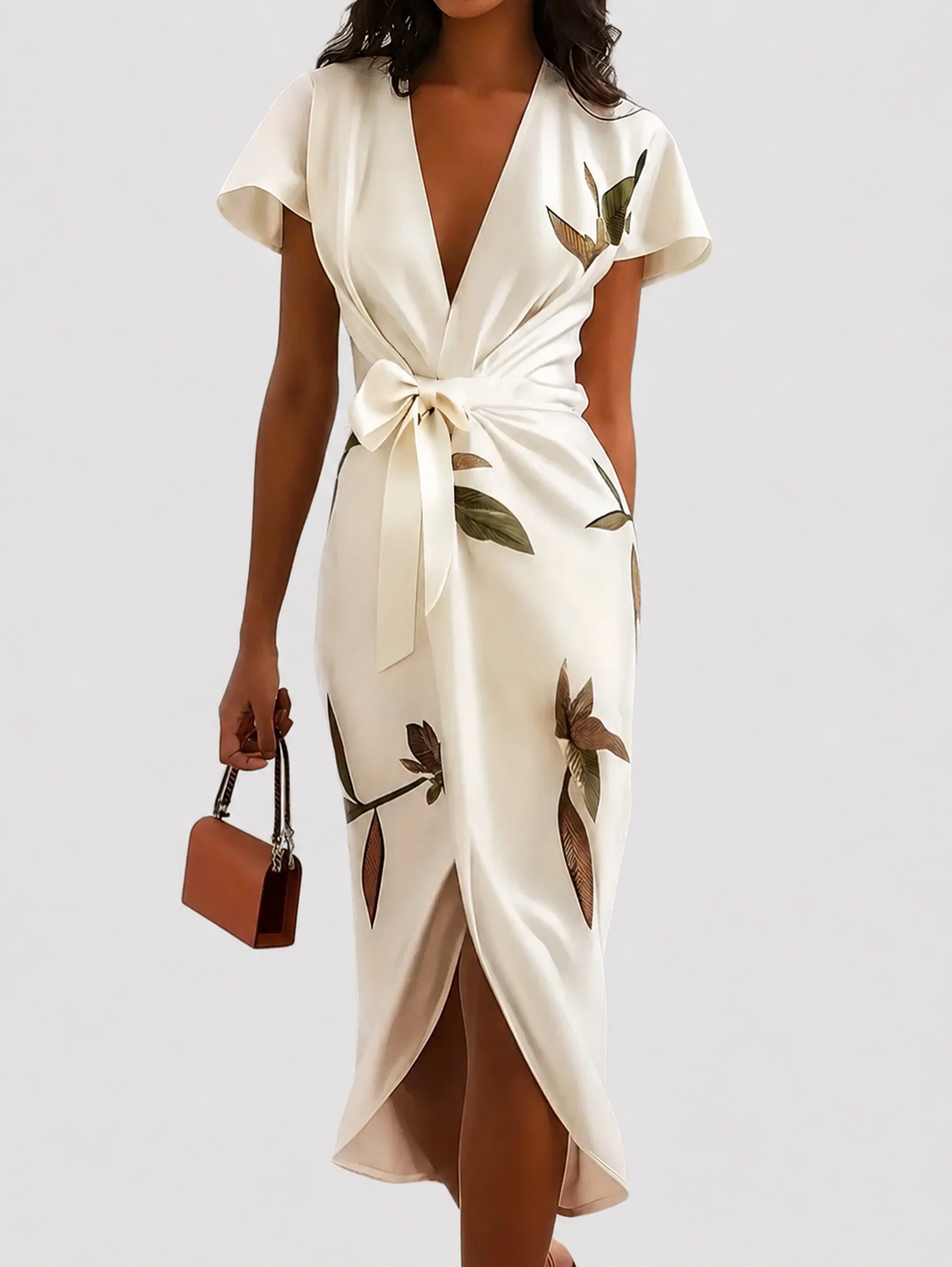 Women’s Wrap Dress with Adjustable Tie Belt and Delicate Leaf Print