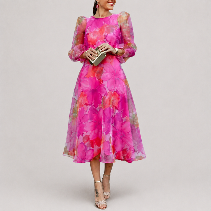 Women’s Floral Midi Dress with Sheer Long Sleeves