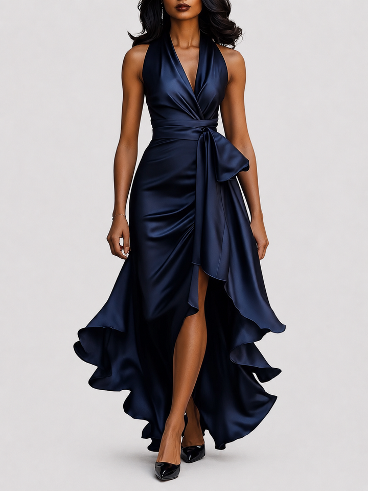 Women’s Halter Neck Gown with Plunging Neckline and High-Low Hem