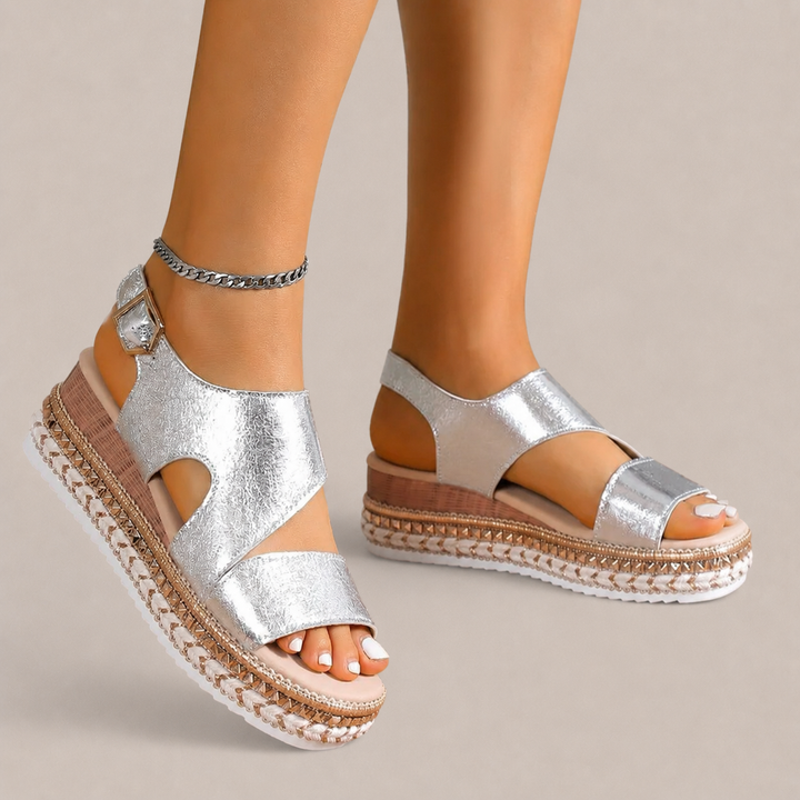 Women’s Platform Sandals with Metallic Finish and Adjustable Ankle Strap