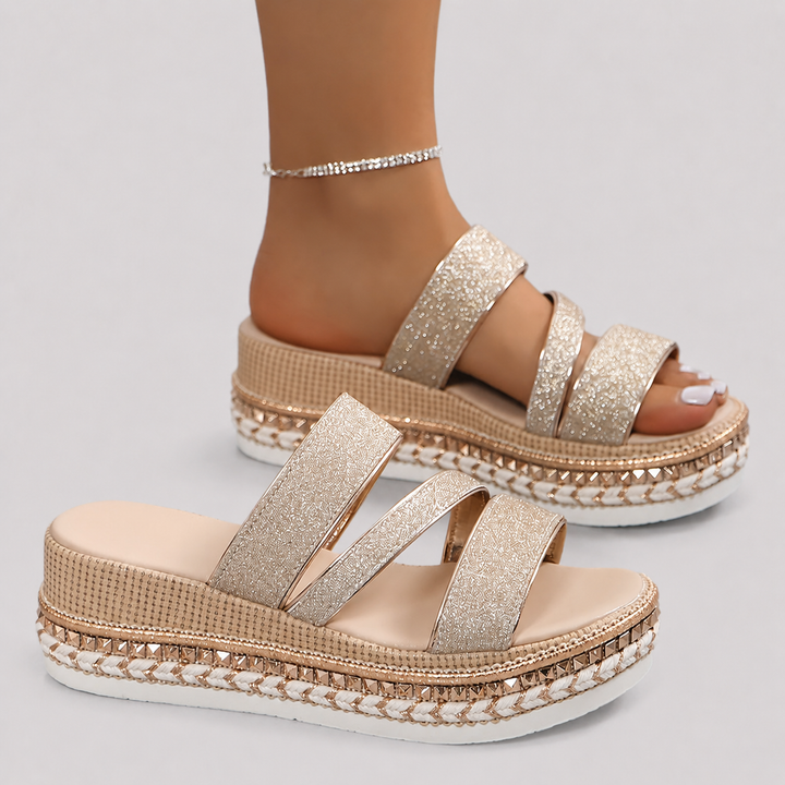 Women’s Sandals with Metallic Finish and Contoured Footbed
