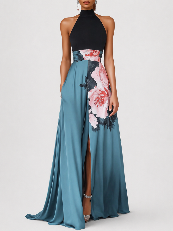 Women’s Floral Maxi Dress with Side Slit and Crew Neckline