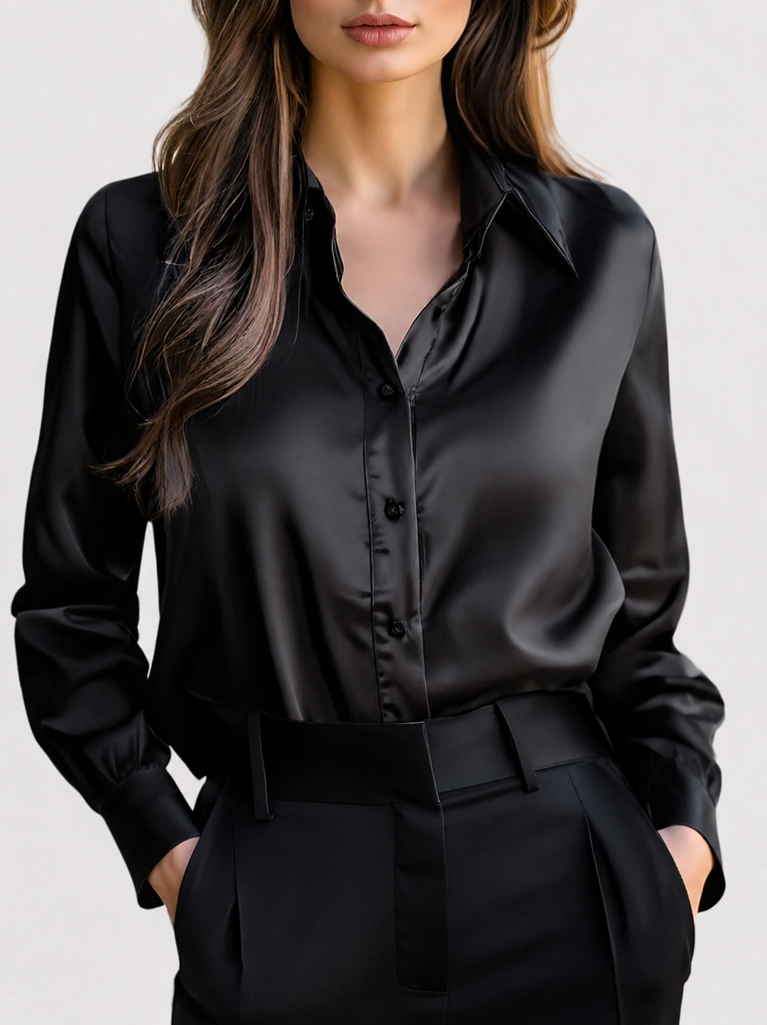 Women’s Satin Blouse with Long Sleeves and Lapel Collar