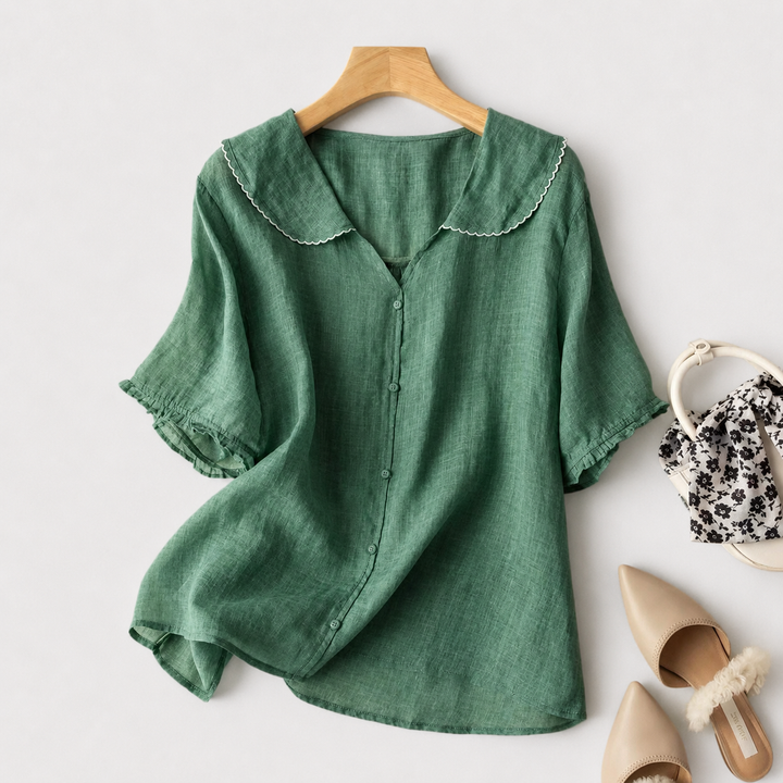 Women’s Vintage Scalloped Collar Blouse with Button Detail