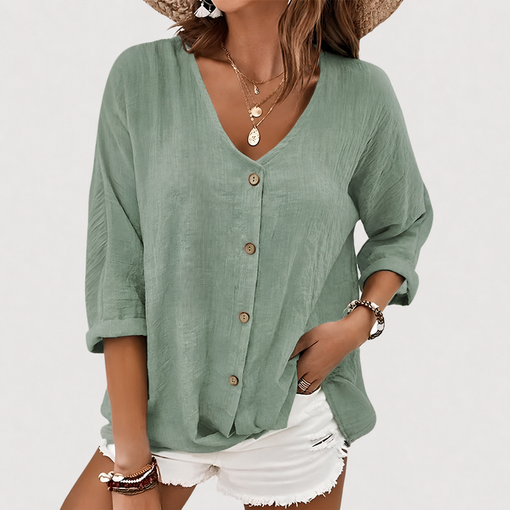 Women’s Relaxed Fit Blouse with V-Neckline and Roll Sleeves