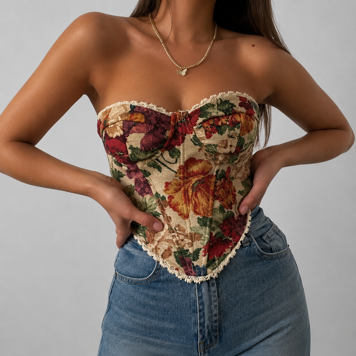 Women’s Strapless Floral Jacquard Corset Top with Sweetheart Neckline