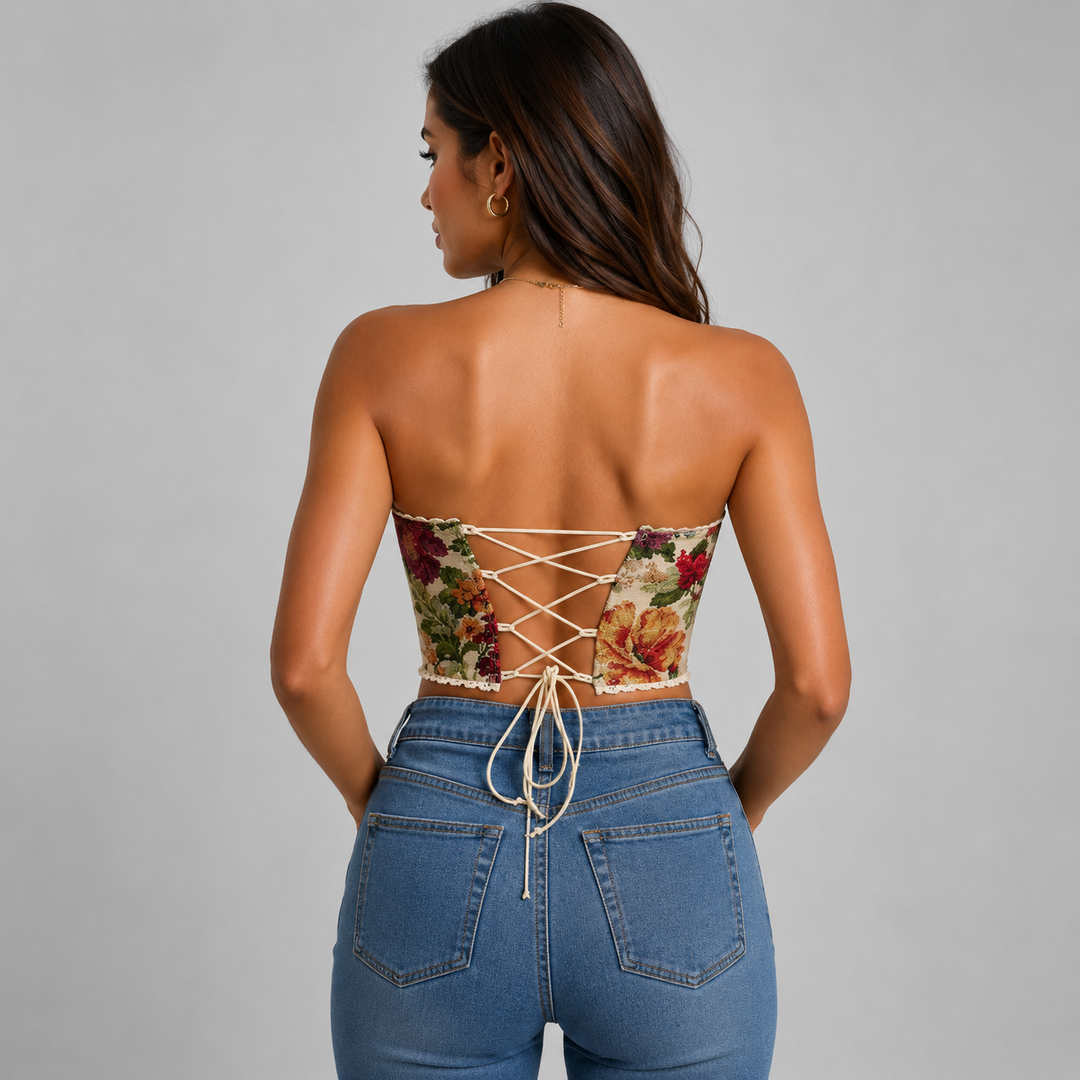 Women’s Strapless Floral Jacquard Corset Top with Sweetheart Neckline