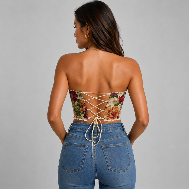 Women’s Strapless Floral Jacquard Corset Top with Sweetheart Neckline