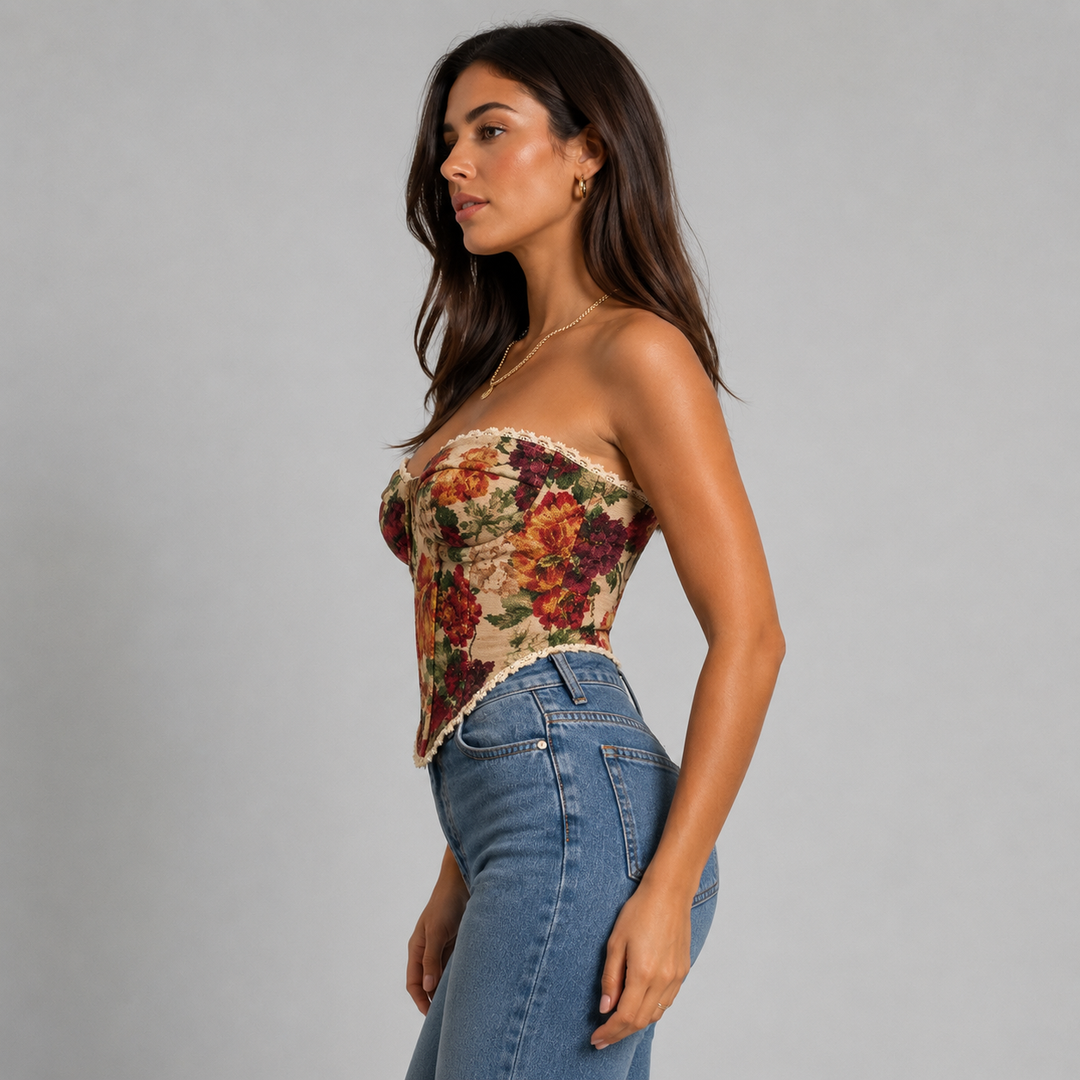 Women’s Strapless Floral Jacquard Corset Top with Sweetheart Neckline