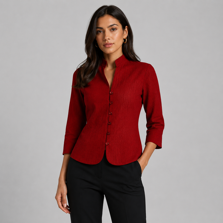Women’s Vintage Long Sleeve Blouse with Stand-Up Collar