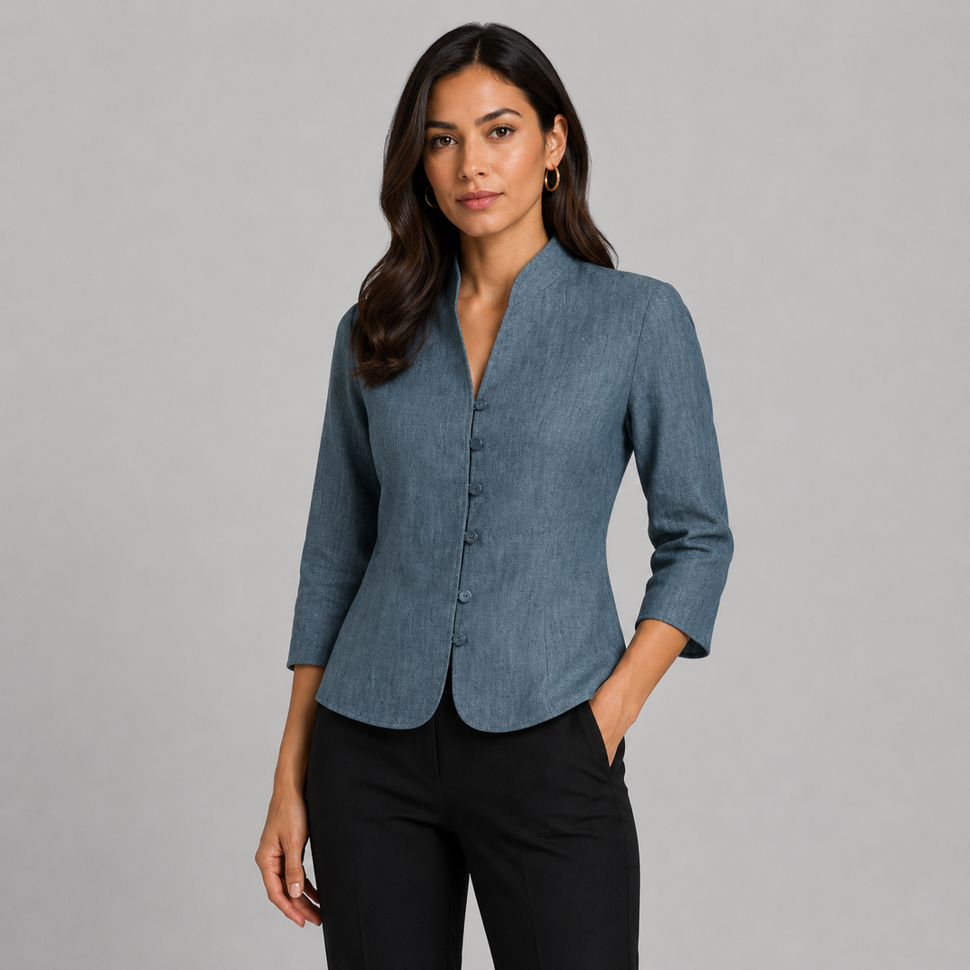 Women’s Vintage Long Sleeve Blouse with Stand-Up Collar