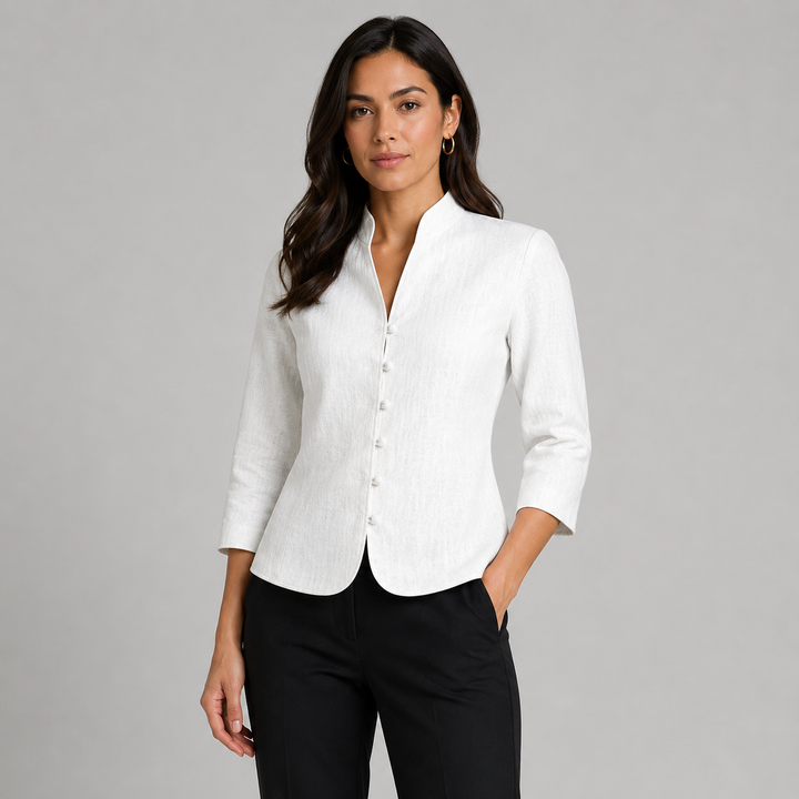 Women’s Vintage Long Sleeve Blouse with Stand-Up Collar