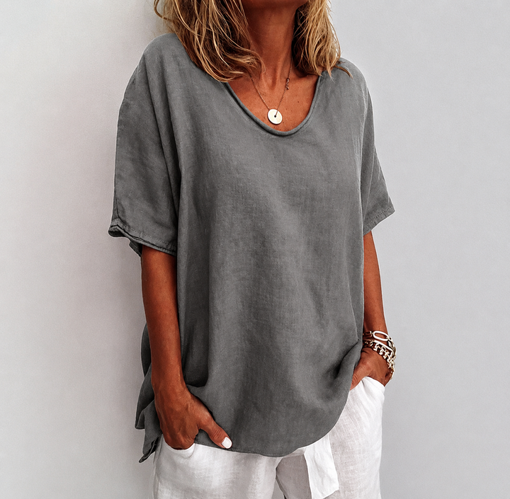 Women’s V-Neck Short Sleeve Blouse with Relaxed Fit