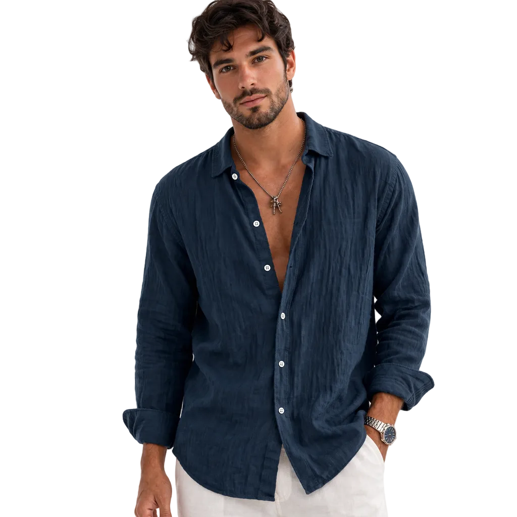 Men’s Linen Shirt with Softly Structured Collar and Button Front