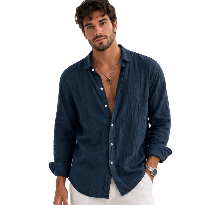 Men’s Linen Shirt with Softly Structured Collar and Button Front