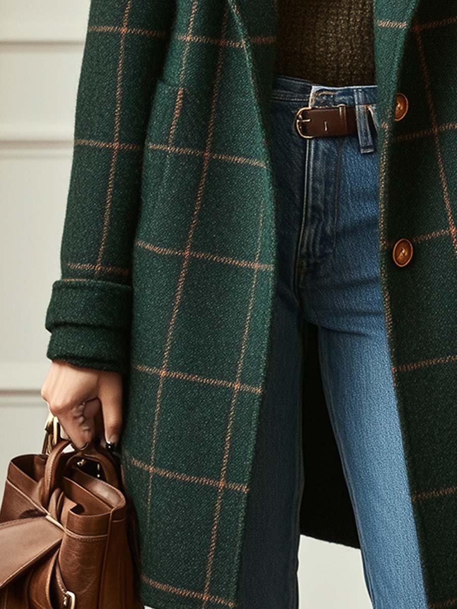 Coat | Mid-Length Plaid, Double-Breasted Closure 2
