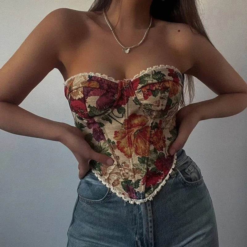 Corset Top | Strapless Sweetheart Neckline, Floral Jacquard 1