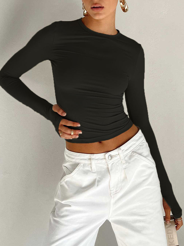 Long Sleeve Crop Top | Minimal Round Neckline, Fitted Silhouette 4