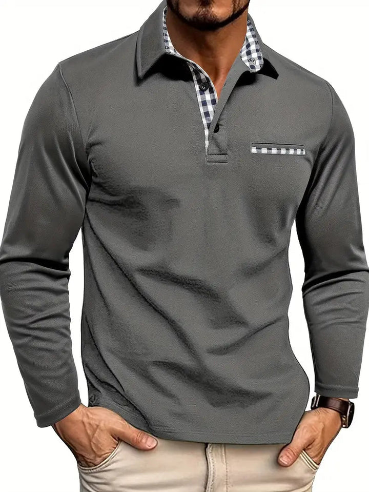 Long Sleeve Polo Shirt | Check Collar Detail, Chest Pocket Accent 0