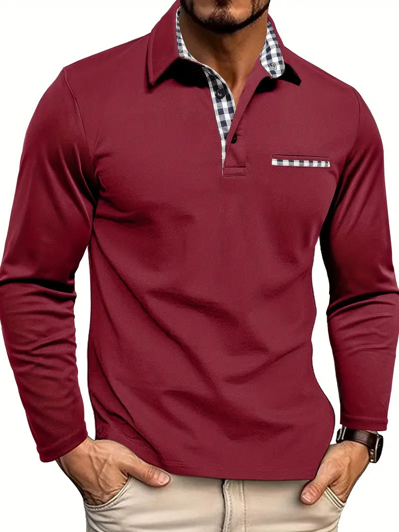 Long Sleeve Polo Shirt | Check Collar Detail, Chest Pocket Accent 1