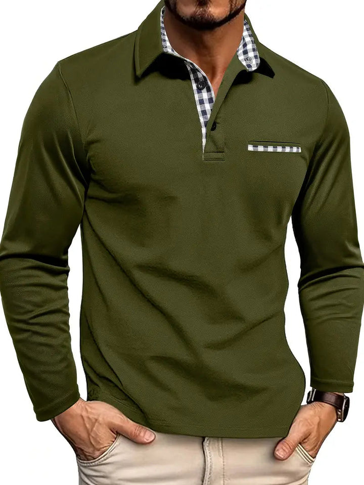 Long Sleeve Polo Shirt | Check Collar Detail, Chest Pocket Accent 2