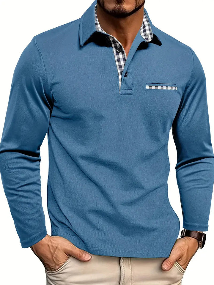 Long Sleeve Polo Shirt | Check Collar Detail, Chest Pocket Accent 3