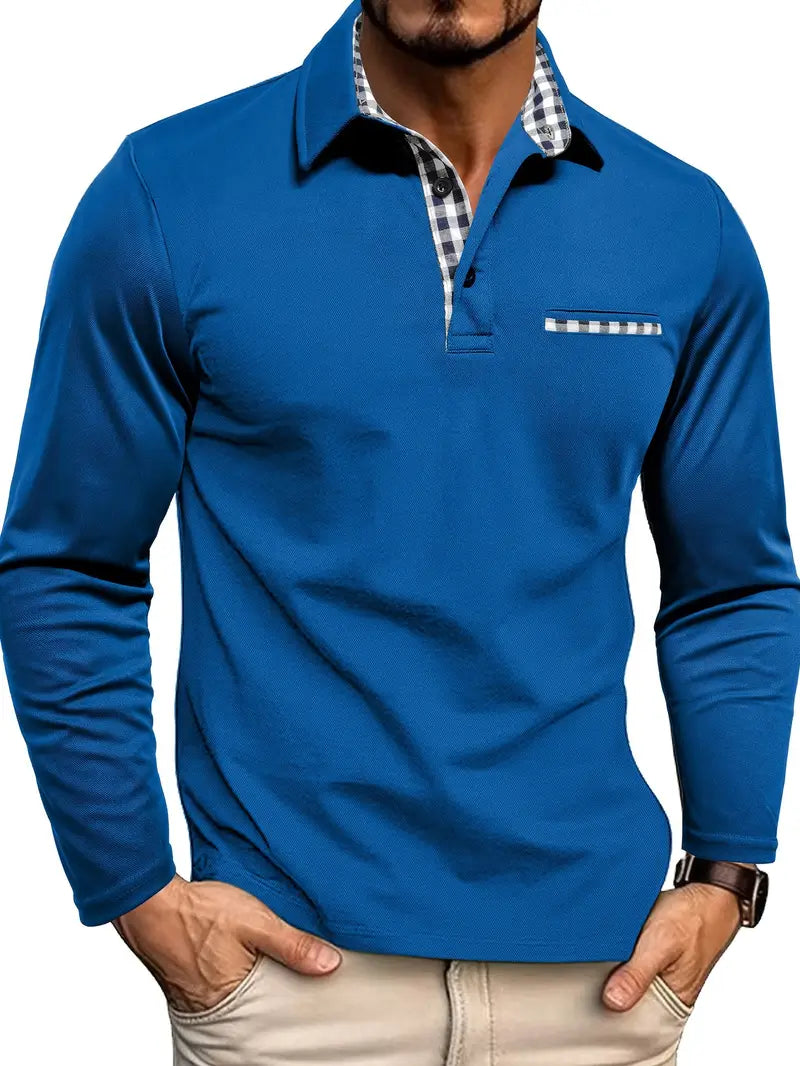 Long Sleeve Polo Shirt | Check Collar Detail, Chest Pocket Accent 4