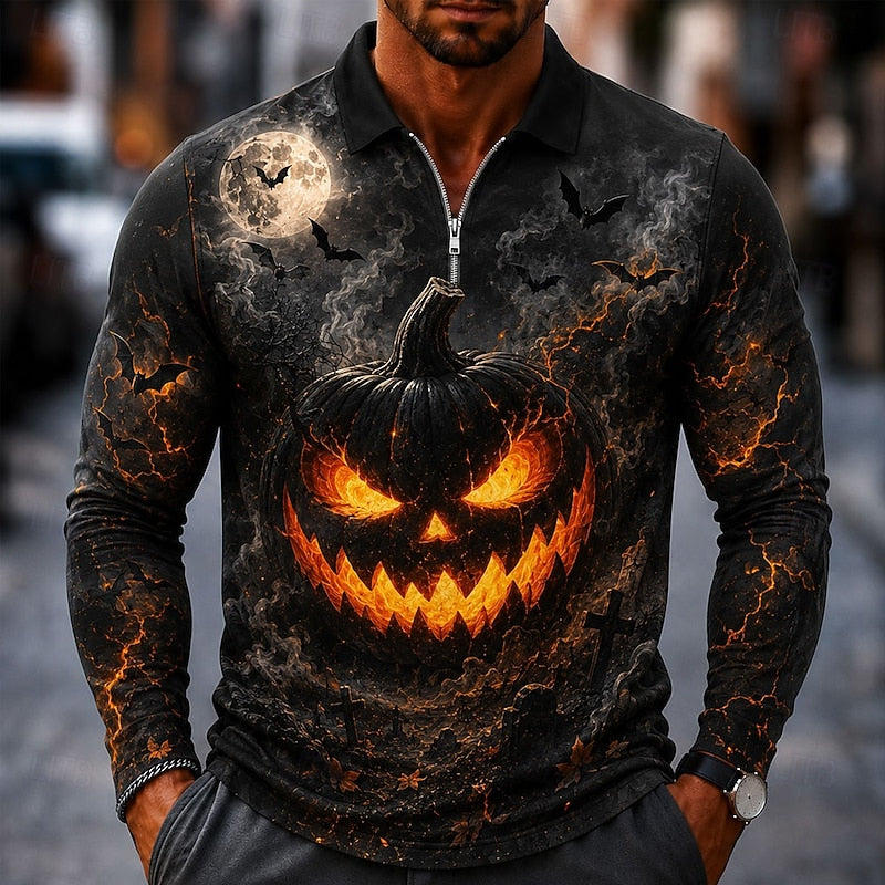 Long Sleeve Polo Shirt | Pumpkin Print, Quarter-Zip Collar 0