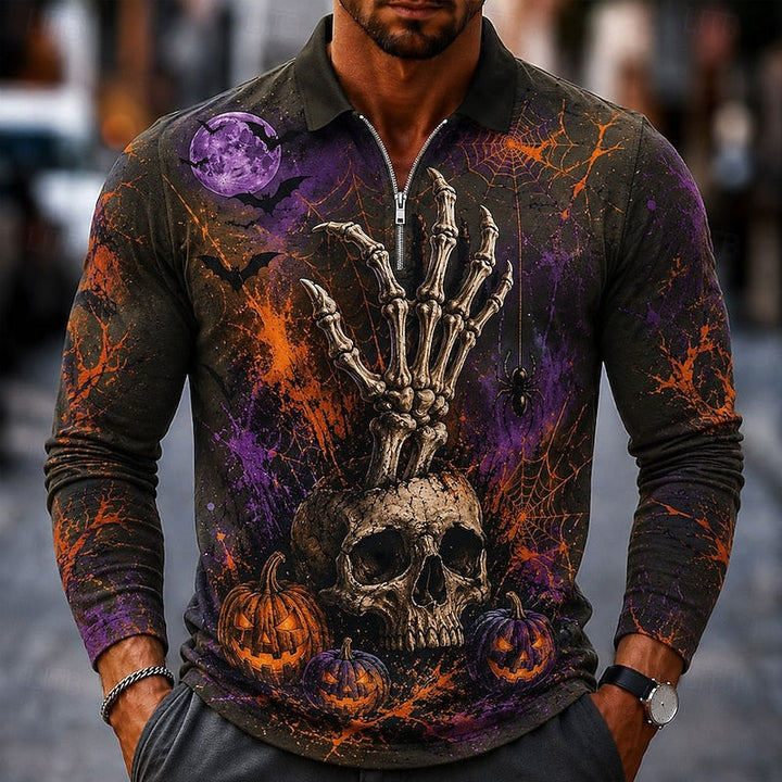 Long Sleeve Polo Shirt | Pumpkin Print, Quarter-Zip Collar 1