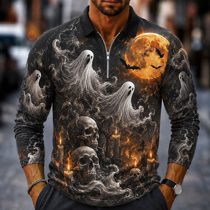 Long Sleeve Polo Shirt | Pumpkin Print, Quarter-Zip Collar 2