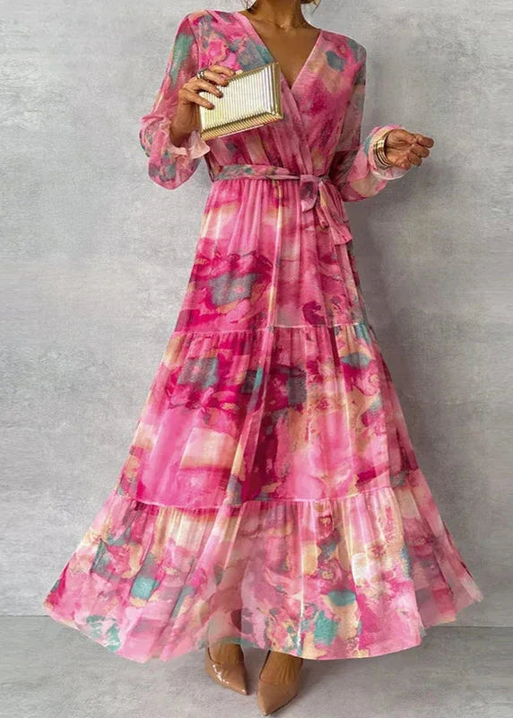 Maxi Dress | Floral Design, Adjustable Waist Tie 0