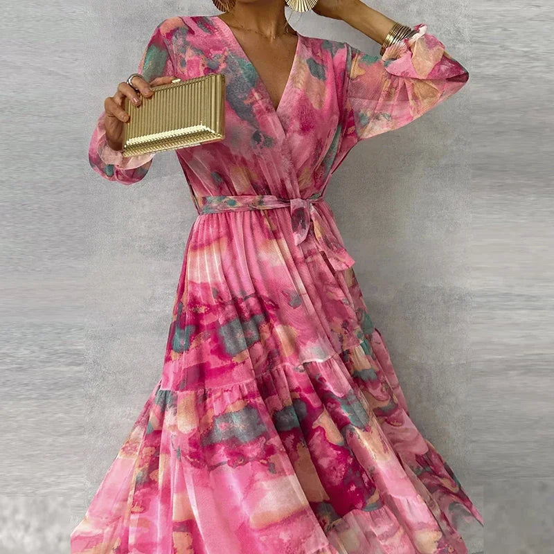 Maxi Dress | Floral Design, Adjustable Waist Tie 1