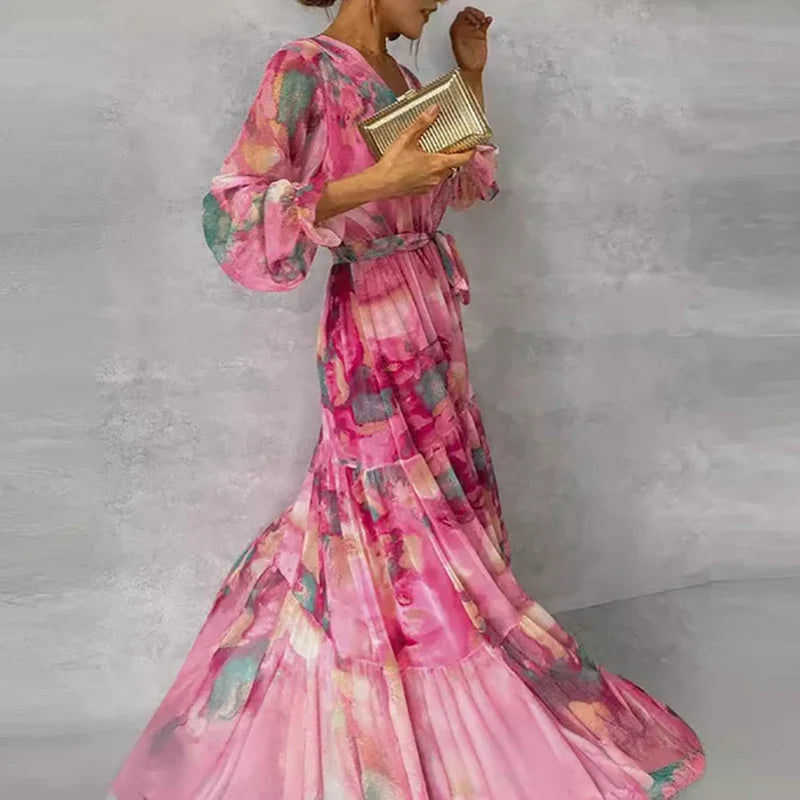 Maxi Dress | Floral Design, Adjustable Waist Tie 2