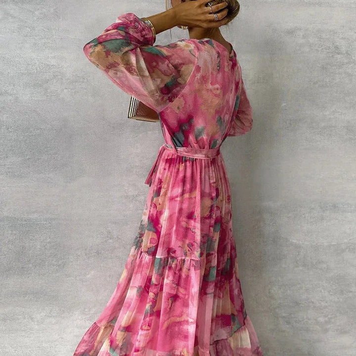 Maxi Dress | Floral Design, Adjustable Waist Tie 3