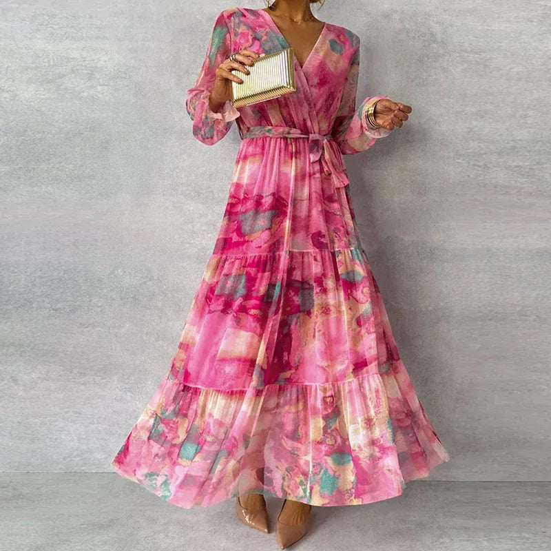 Maxi Dress | Floral Design, Adjustable Waist Tie 4
