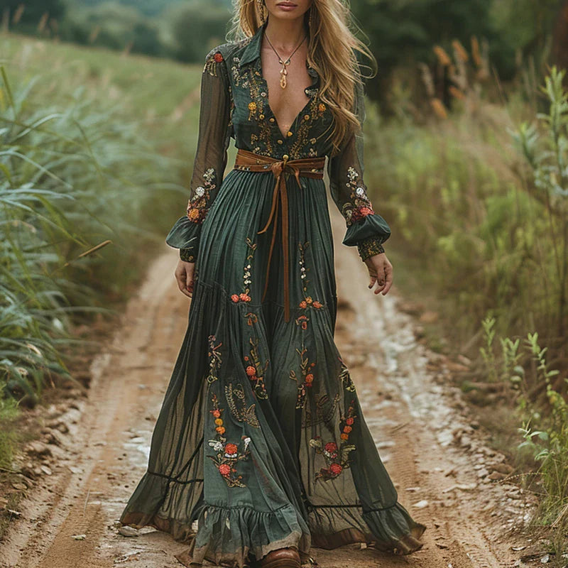 Maxi Dress | Floral Print, Pleated Silhouette 0